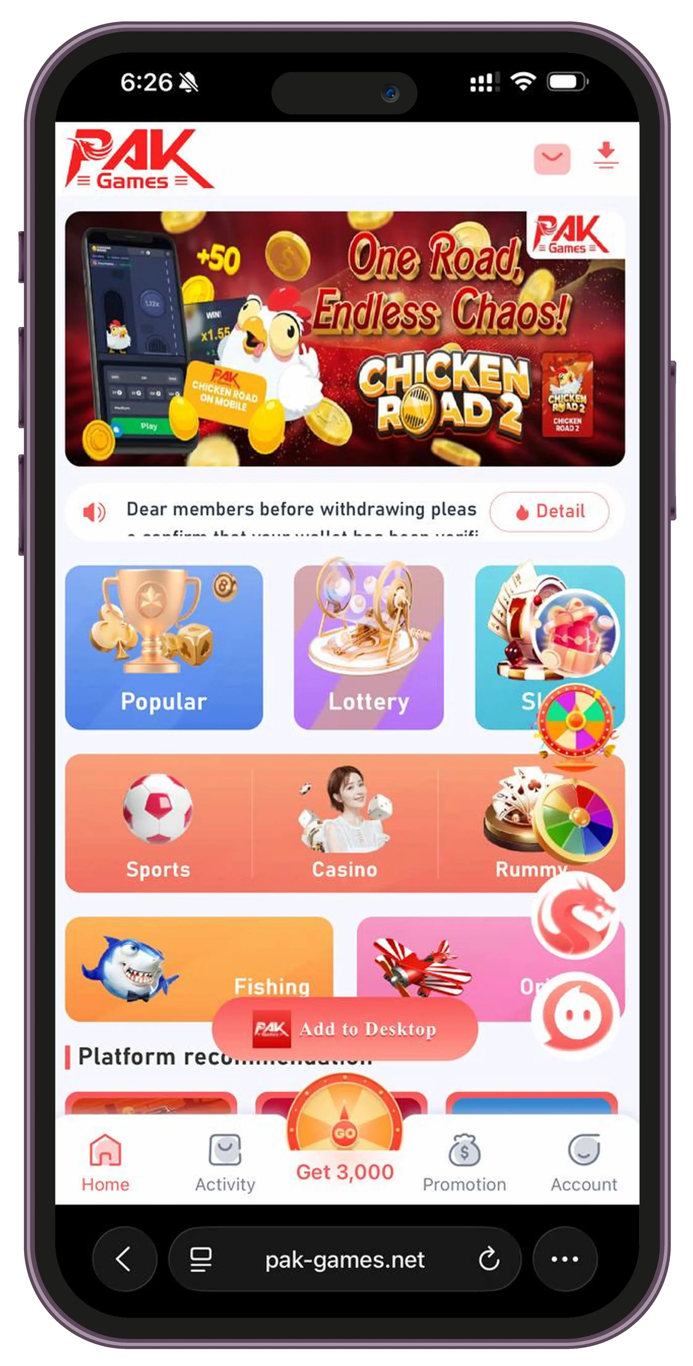 Play Win Go, Aviator, Dragon Tiger on Pak Game
